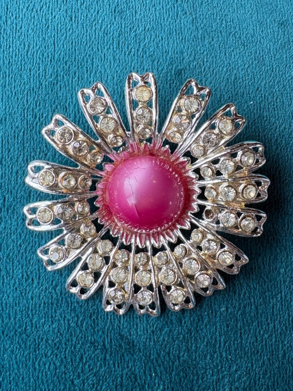 Vintage Pink Sunflower  Floral Burst Brooch with Pink Cabochon Center